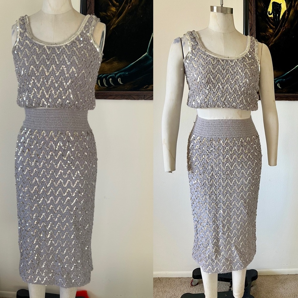 Vintage 1960s Sequin 2 piece silver midi skirt and crop top knit skirt suit